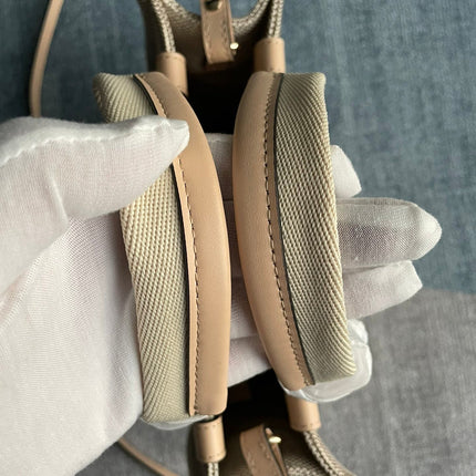 SMALL STRAP WOODY TOTE BAG 26.5 IN BEIGE LINEN CANVAS BLACK WEBBING LOGO EMBROIDER NUDE CALFSKIN