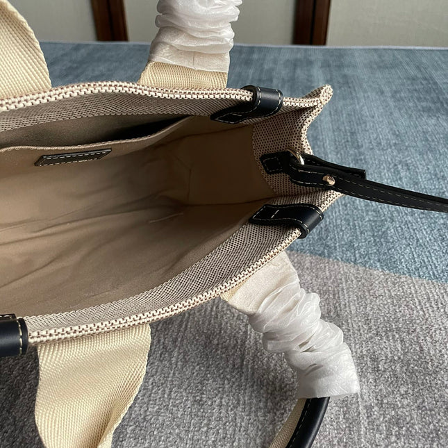 SMALL STRAP WOODY TOTE BAG 26.5 IN BEIGE LINEN CANVAS BLACK WEBBING LOGO EMBROIDER BLACK CALFSKIN