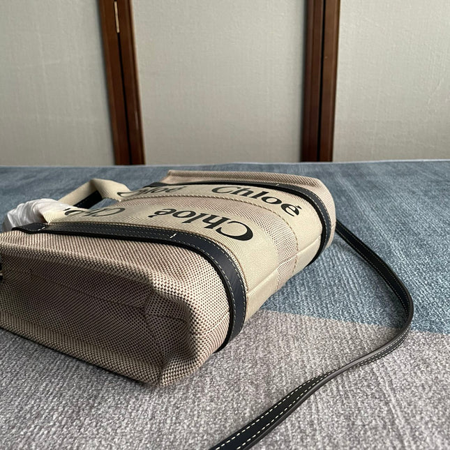 SMALL STRAP WOODY TOTE BAG 26.5 IN BEIGE LINEN CANVAS BLACK WEBBING LOGO EMBROIDER BLACK CALFSKIN