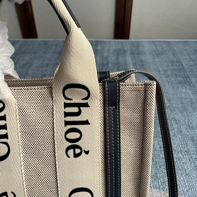SMALL STRAP WOODY TOTE BAG 26.5 IN BEIGE LINEN CANVAS BLACK WEBBING LOGO EMBROIDER BLACK CALFSKIN