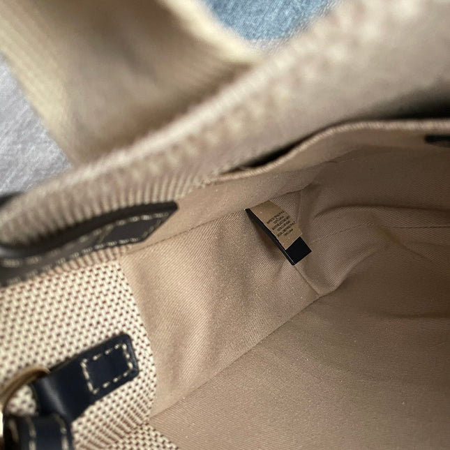 SMALL STRAP WOODY TOTE BAG 26.5 IN BEIGE LINEN CANVAS BLACK WEBBING LOGO EMBROIDER BLACK CALFSKIN