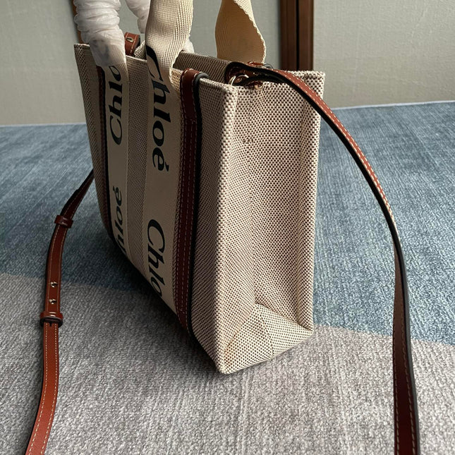 SMALL STRAP WOODY TOTE BAG 26.5 IN BEIGE LINEN CANVAS BLACK WEBBING LOGO EMBROIDER BROWN CALFSKIN