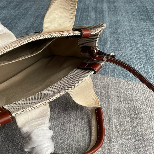 SMALL STRAP WOODY TOTE BAG 26.5 IN BEIGE LINEN CANVAS BLACK WEBBING LOGO EMBROIDER BROWN CALFSKIN