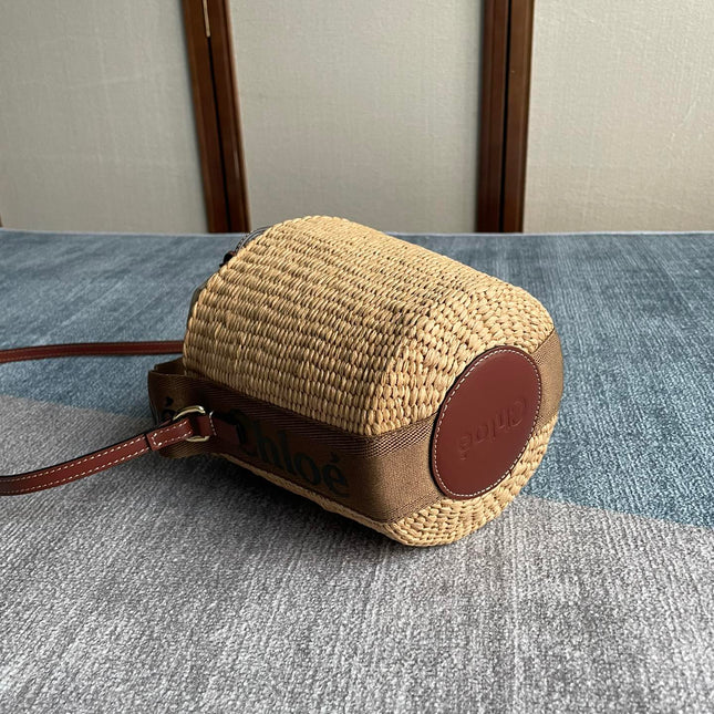 SMALL WOODY BASKET 17 IN NATURAL FIBERS BROWN WEBBING DARK BROWN CALFSKIN