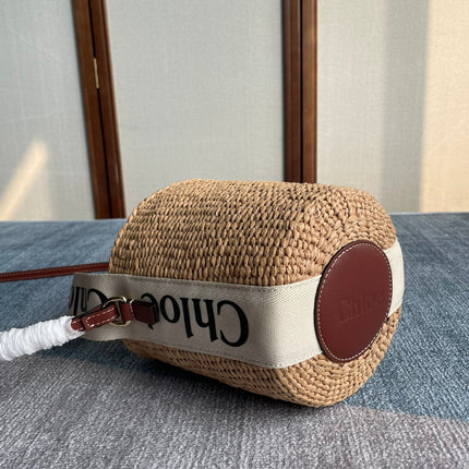 SMALL WOODY BASKET 17 IN NATURAL FIBERS BEIGE WEBBING DARK BROWN CALFSKIN