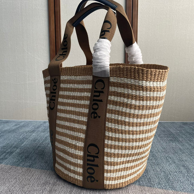 LAGRE WOODY TOTE BAG 48 IN BROWN AND WHITE FIBERS BROWN WEBBING BLACK CALFSKIN
