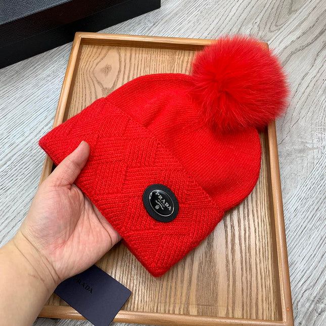 BEANIE HAT IN CHERRY RED WOOL AND RABBIT FUR 346718