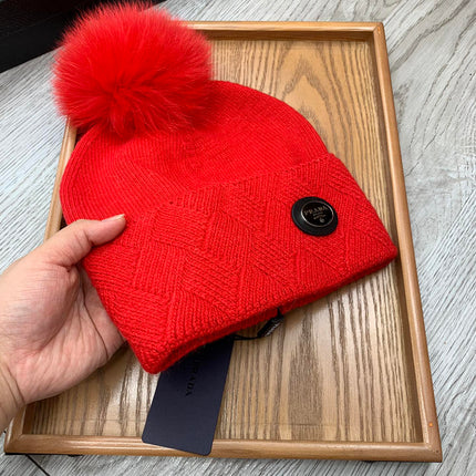 BEANIE HAT IN CHERRY RED WOOL AND RABBIT FUR 346718