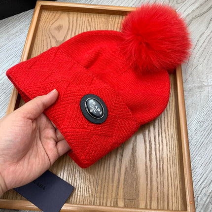 BEANIE HAT IN CHERRY RED WOOL AND RABBIT FUR 346718
