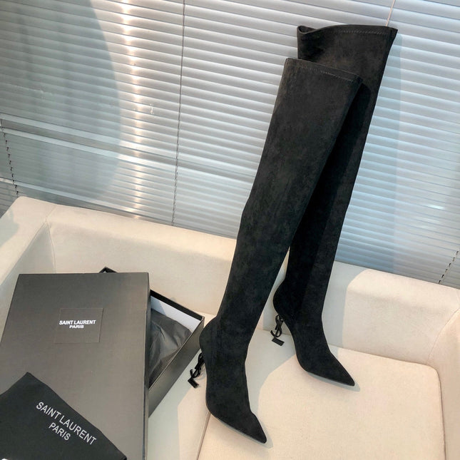 OPYUM THIGH HIGH BOOTS IN BLACK VELVET