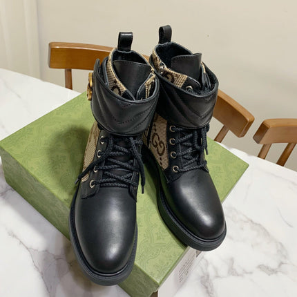 LACE-UP ANKLE BOOTS WITH DOUBLE G BUCKLE IN BEIGE CANVAS AND BLACK SHEEPSKIN