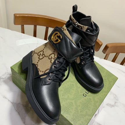 LACE-UP ANKLE BOOTS WITH DOUBLE G BUCKLE IN BEIGE CANVAS AND BLACK SHEEPSKIN