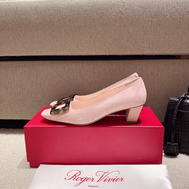 BELLE VIVIER PUMPS IN PINK SUEDE TORTOISESHELL BUCKLE