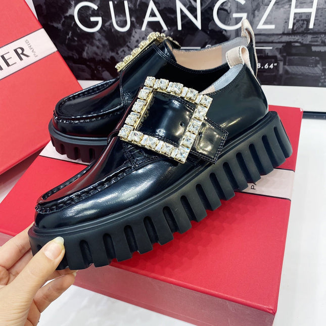 VIV' RANGERS LOAFERS IN BLACK SHINY CALFSKIN WITH CRYSTAL BUCKLE ON THE SIDE OF THE TONGUE