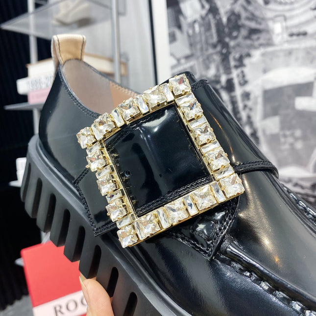 VIV' RANGERS LOAFERS IN BLACK SHINY CALFSKIN WITH CRYSTAL BUCKLE ON THE SIDE OF THE TONGUE