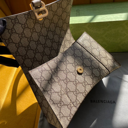 GG x BALENCIAGA HOURGLASS BAG 22 IN BEIGE EBONY MONOGRAM CANVAS GOLD HARDWARE