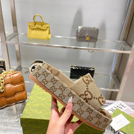 LV MONOGRAM THICK PLATFORM SANDALS IN BEIGE CANVAS