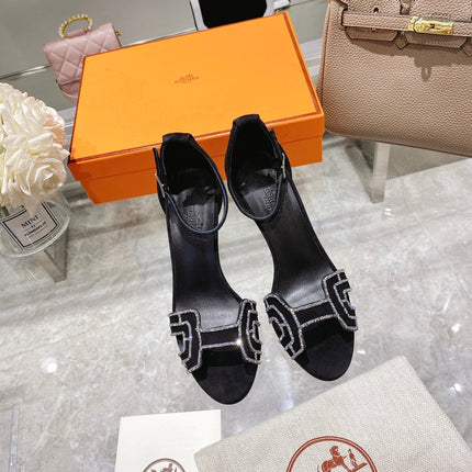 PREMIERE 90 SANDAL IN BLACK SUEDE WITH RHINSTONES