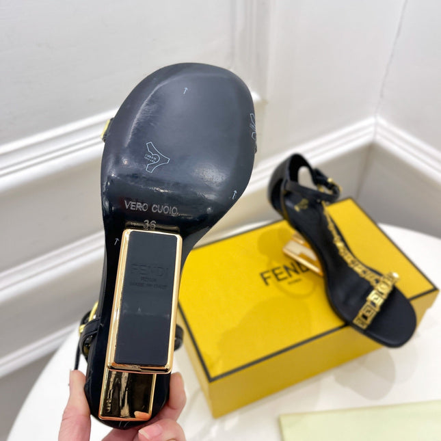 FENDI HIGH-HEELED 85 MM SANDALS IN BLACK LAMBSKIN WITH GOLD HARDWARE