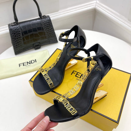 FENDI HIGH-HEELED 85 MM SANDALS IN BLACK LAMBSKIN WITH GOLD HARDWARE