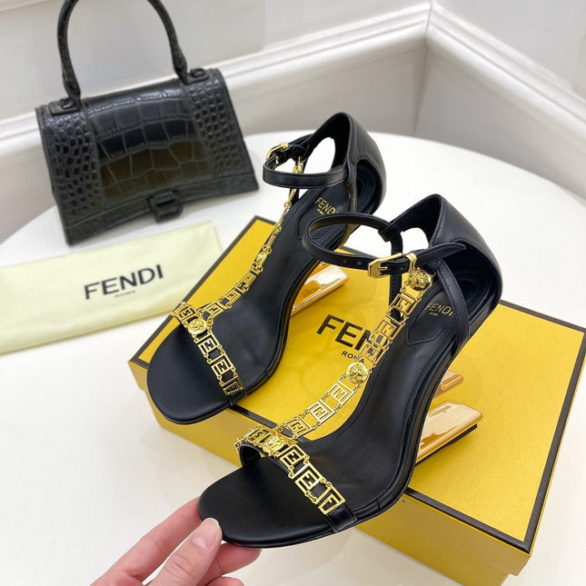 FENDI HIGH-HEELED 85 MM SANDALS IN BLACK LAMBSKIN WITH GOLD HARDWARE