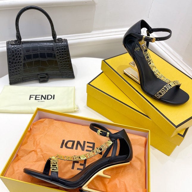 FENDI HIGH-HEELED 85 MM SANDALS IN BLACK LAMBSKIN WITH GOLD HARDWARE