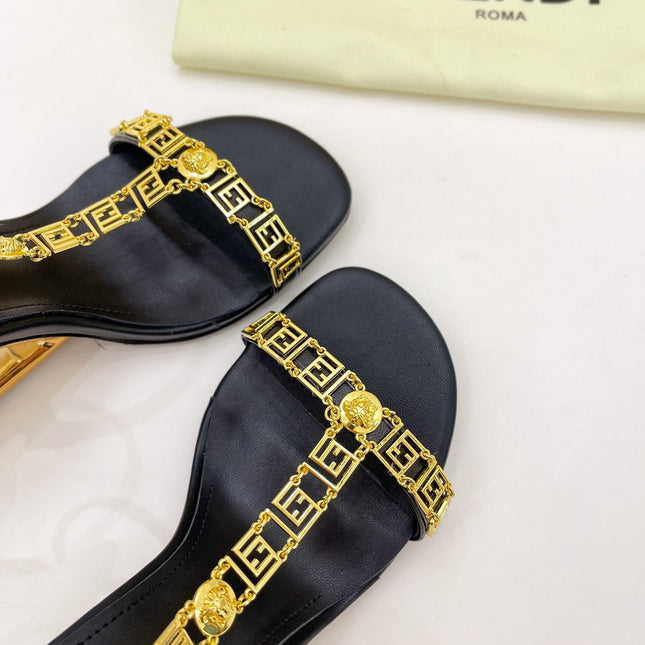 FENDI HIGH-HEELED 85 MM SANDALS IN BLACK LAMBSKIN WITH GOLD HARDWARE