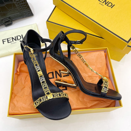 FENDI HIGH-HEELED 85 MM SANDALS IN BLACK LAMBSKIN WITH GOLD HARDWARE