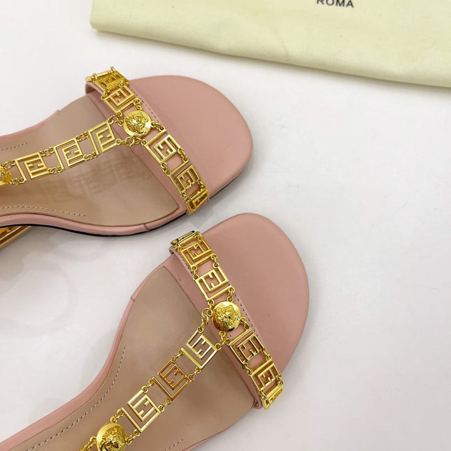 FENDI HIGH-HEELED 85 MM SANDALS IN LIGHT PINK LAMBSKIN WITH GOLD HARDWARE