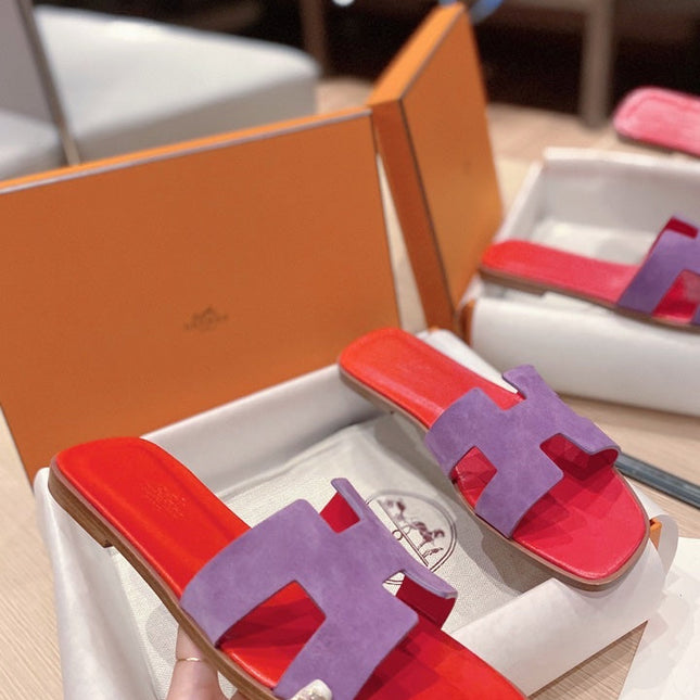 0RAN SANDALS IN VIOLET PURPLE SUEDE AND CHERRY RED CALFSKIN