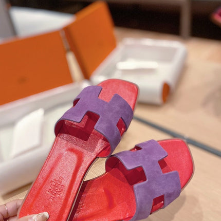 0RAN SANDALS IN VIOLET PURPLE SUEDE AND CHERRY RED CALFSKIN