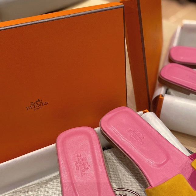 0RAN SANDALS IN DIJON YELLOW SUEDE AND DEEP PINK CALFSKIN