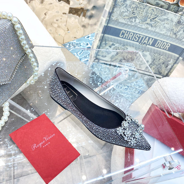 EFFLORESCENCE BALLERINAS IN BLACK CALFSKIN WITH FULLY EMBELLISHED CRYSTALS