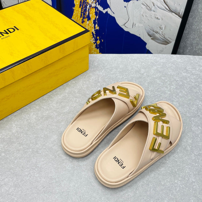 FENDI GRAPHY LOGO LETTERING SLIDES IN BEIGE LAMBSKIN WITH GOLD HARDWARE