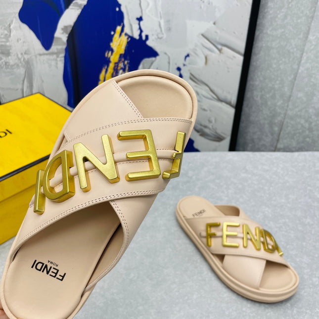 FENDI GRAPHY LOGO LETTERING SLIDES IN BEIGE LAMBSKIN WITH GOLD HARDWARE