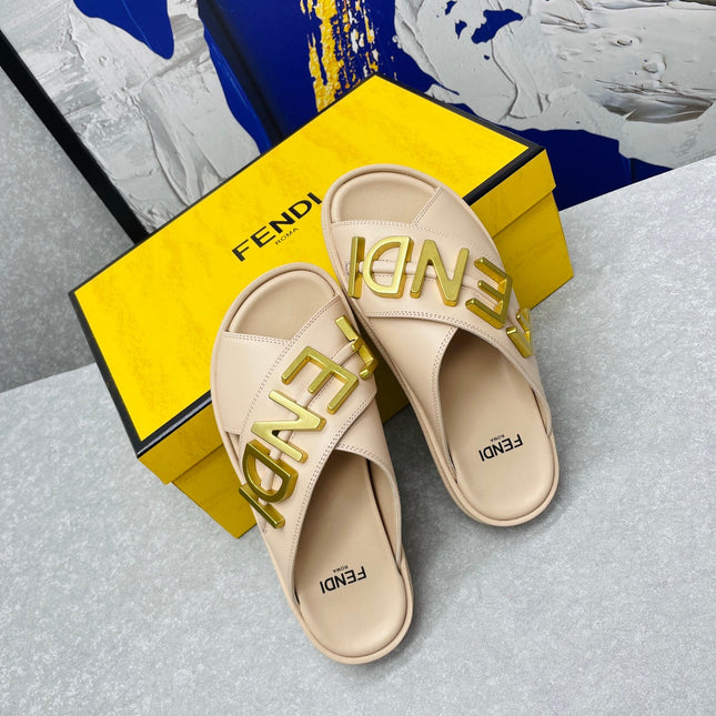 FENDI GRAPHY LOGO LETTERING SLIDES IN BEIGE LAMBSKIN WITH GOLD HARDWARE