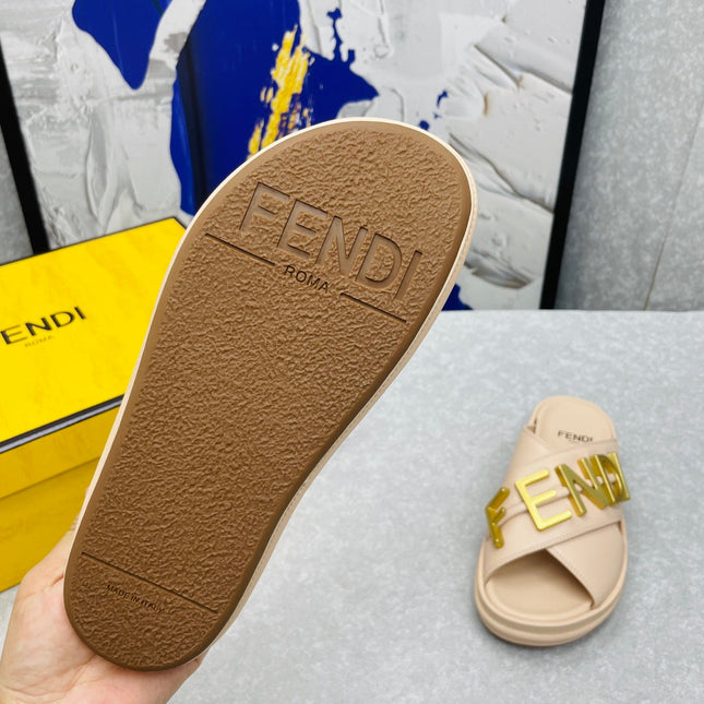 FENDI GRAPHY LOGO LETTERING SLIDES IN BEIGE LAMBSKIN WITH GOLD HARDWARE