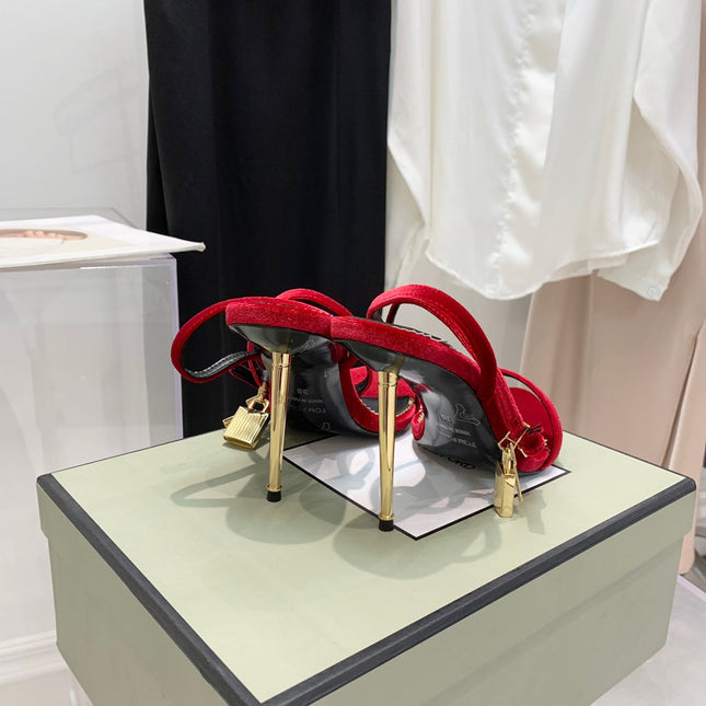 PADLOCK HIGH HEEL 10 CM SANDAL IN RUBY RED VELVET