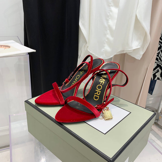 PADLOCK HIGH HEEL 10 CM SANDAL IN RUBY RED VELVET