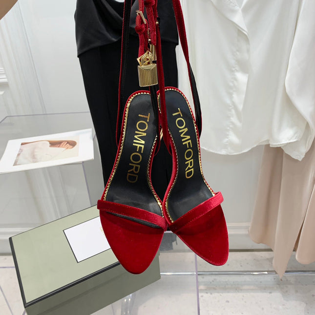 PADLOCK HIGH HEEL 10 CM SANDAL IN RUBY RED VELVET