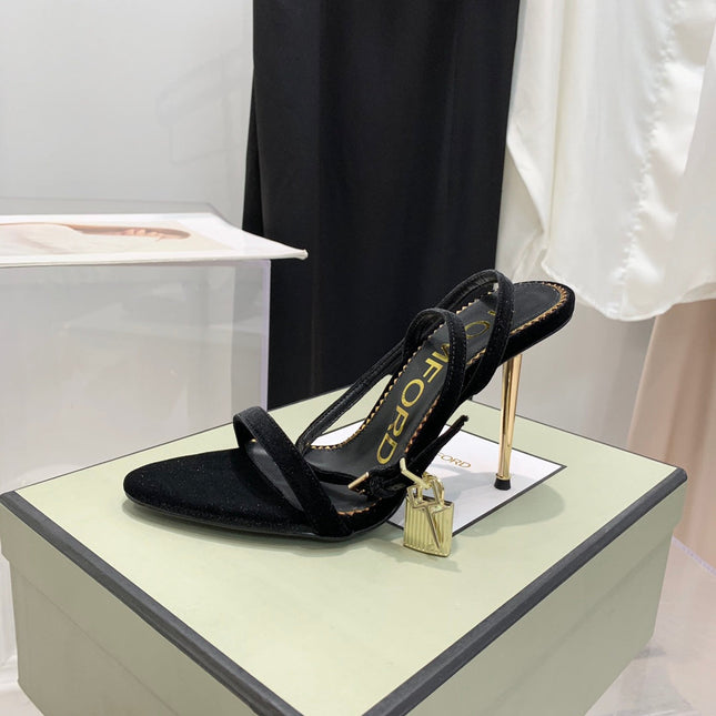 PADLOCK HIGH HEEL 10 CM SANDAL IN BLACK VELVET