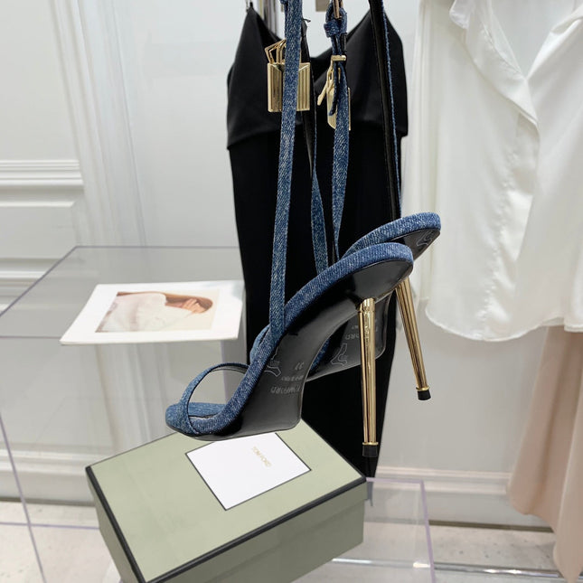 PADLOCK HIGH HEEL 10 CM SANDAL IN LIGHT BLUE DENIM