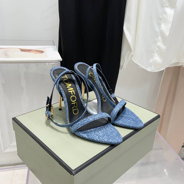 PADLOCK HIGH HEEL 10 CM SANDAL IN LIGHT BLUE DENIM