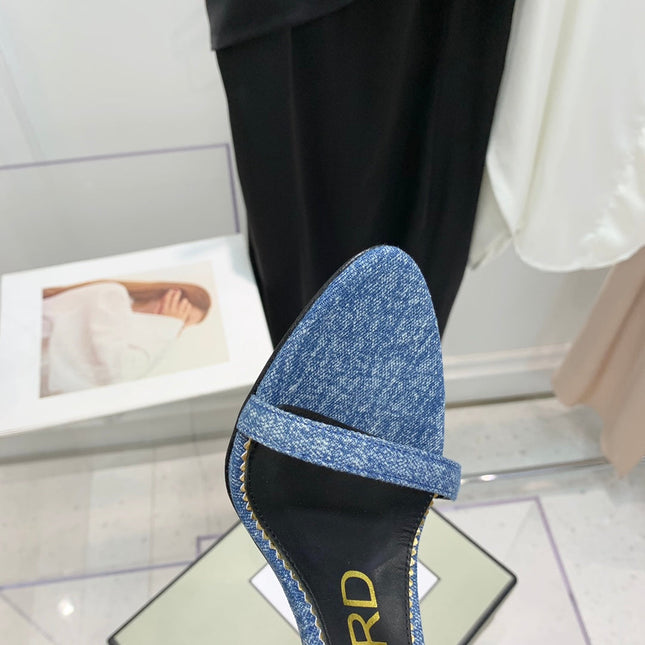 PADLOCK HIGH HEEL 10 CM SANDAL IN LIGHT BLUE DENIM