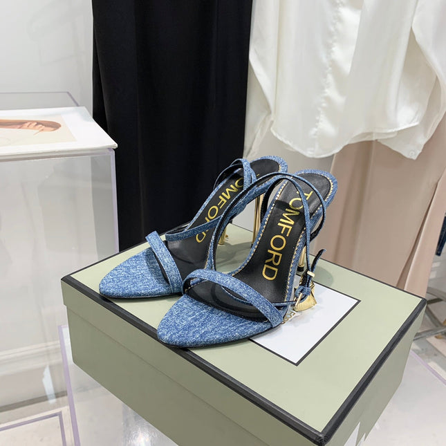 PADLOCK HIGH HEEL 10 CM SANDAL IN LIGHT BLUE DENIM