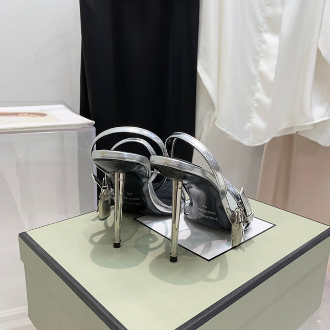 PADLOCK HIGH HEEL 10 CM SANDAL IN SILVER SHEEPSKIN