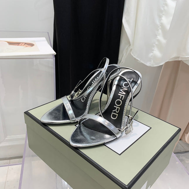 PADLOCK HIGH HEEL 10 CM SANDAL IN SILVER SHEEPSKIN