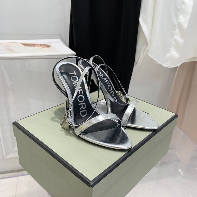 PADLOCK HIGH HEEL 10 CM SANDAL IN SILVER SHEEPSKIN