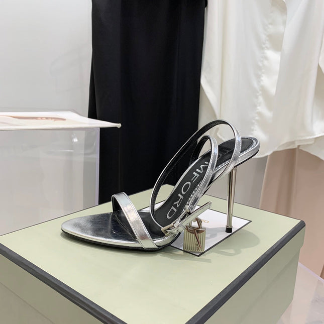 PADLOCK HIGH HEEL 10 CM SANDAL IN SILVER SHEEPSKIN