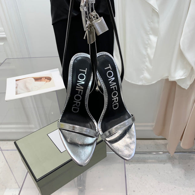 PADLOCK HIGH HEEL 10 CM SANDAL IN SILVER SHEEPSKIN